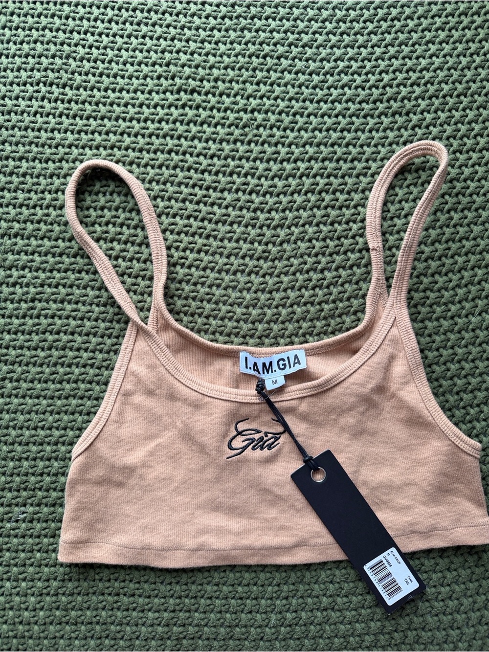 I.AM.GIA Tan Cropped Tank Top - 'Gia' Embroidered Spaghetti Strap